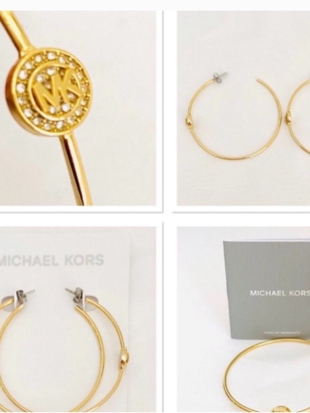Michael Kors Gold Hoop Earrings with Crystal MK Medallions - Picture 2 of 3